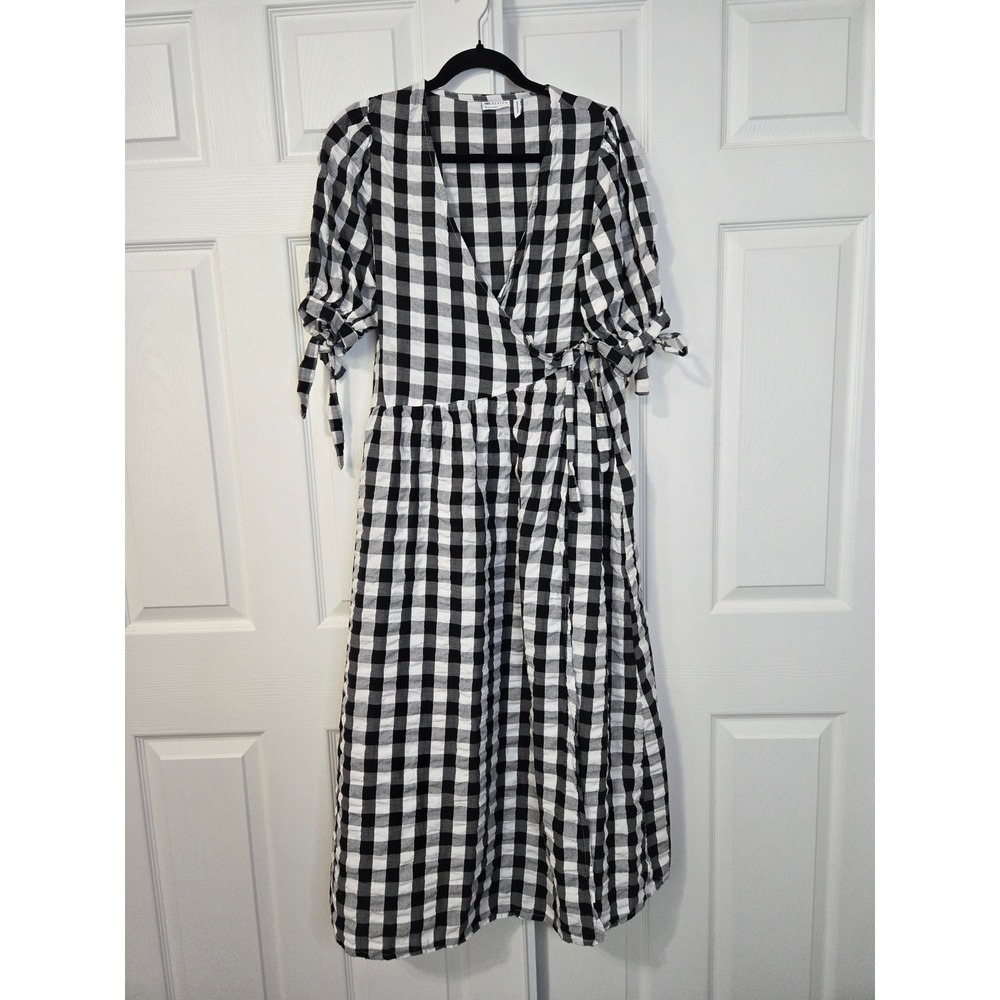 ASOS Design Black White Gingham Wrap Midi Dress Puff Sleeve Cotton US 2‎